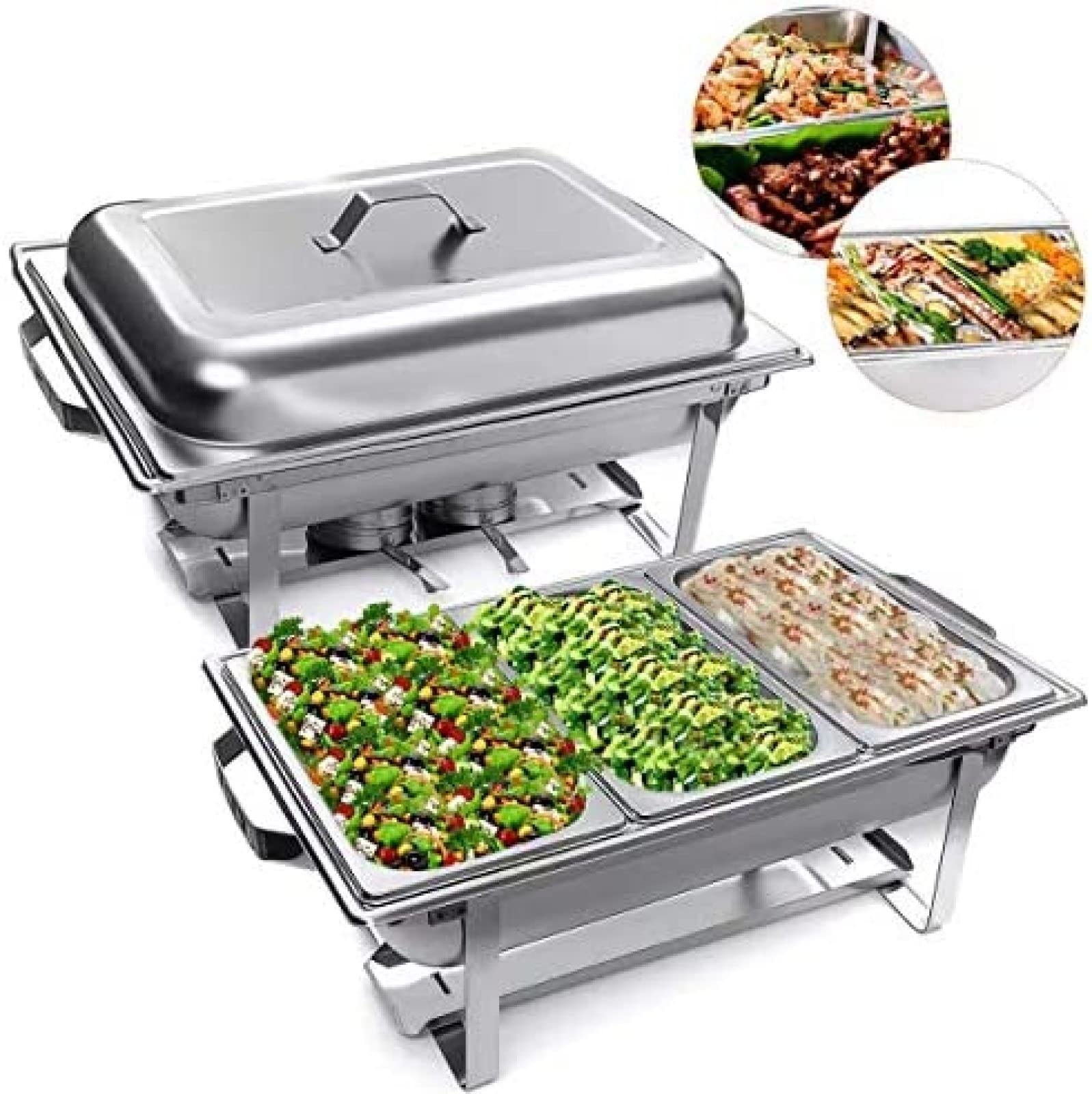 Juego completo de calentador de alimentos de acero inoxidable con bandeja de agua, bandeja de alimentos, soporte de combustible y tapa, tamaño completo con insertos de 1/3, 9 L