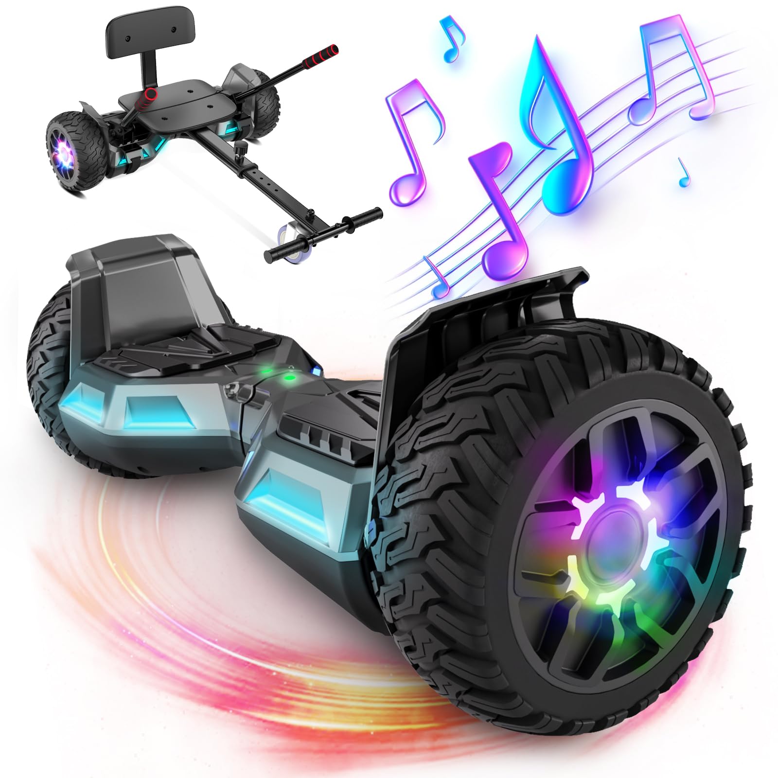 SISIGAD Go Kart Combo Hoverboard Go Kart Combo z kolorowym oświetleniem LED i Bluetooth dla dzieci, chłopców, dziewcząt, dorosłych w każdym wieku