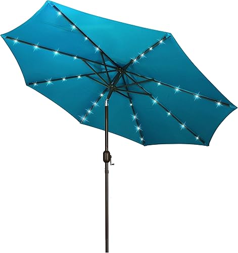 Blissun - Sombrilla solar de 9 pies para exteriores, 32 luces LED, con inclinación y manivela, parasol ideal para patio, jardín, cubierta, piscina y