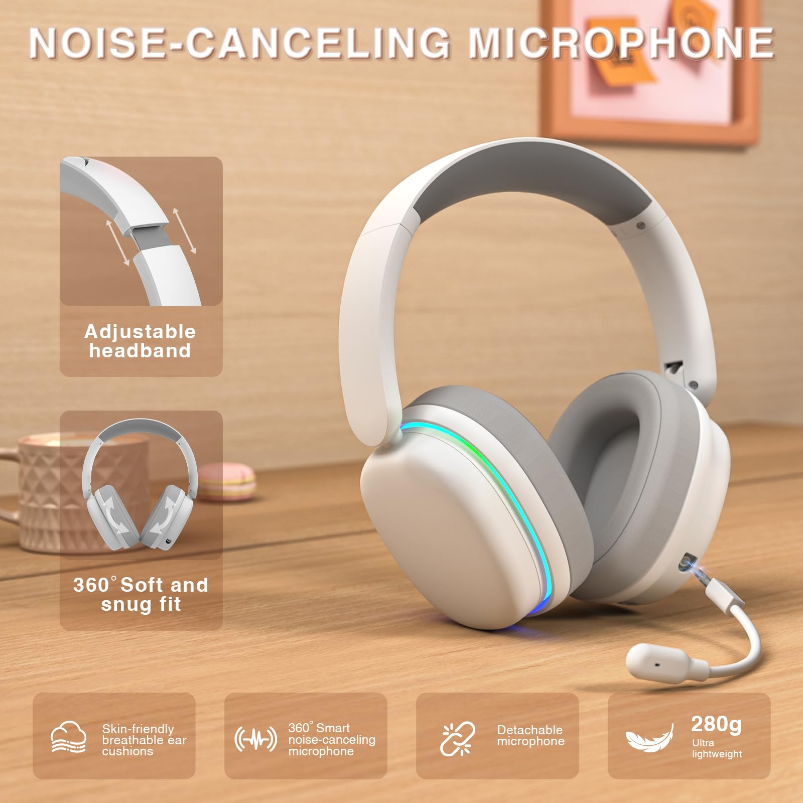 AULA G7 Pro Kabelloses Gaming Headset mit Mikrofon,2.4GHz/BT5.0/USB,40mm Treiber,7.1 Surround Sound,Geräuschunterdrückung,80+Std.Akku,Over-Ear Gaming-Kopfhörer für PC/Spielkonsolen (Weiß)