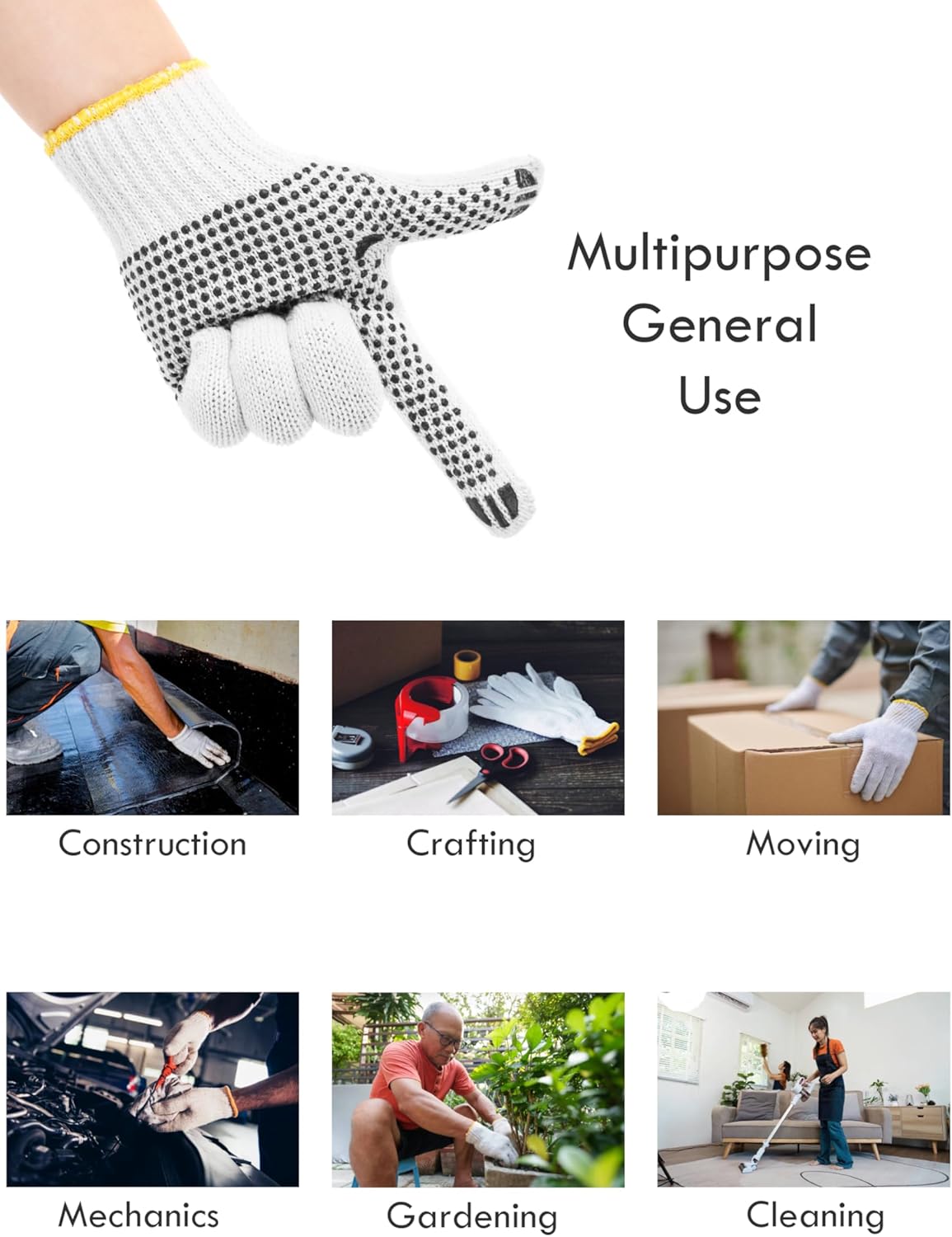 48 Pairs PVC Dotted Knit Work Gloves for Men Women, Comfortable Non Slip Cotton Gloves for General Purpose, One Size Bulk (48 Pairs White w/PVC Dots)