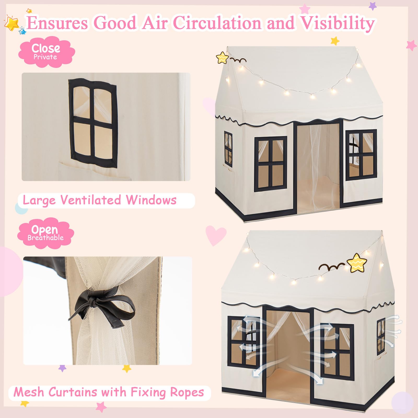 HOMASIS Tenda per Bambini in Cotone, Casa da Gioco per Bambini con Luci Stellari, Borsa per il Trasporto, Tappetino, Regalo per Ragazzi e Ragazze, Tenda da Gioco Interni e Cameretta (Beige+nero)