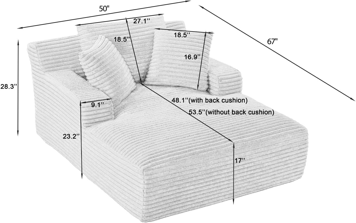 67" Oversized Chaise Lounge Chair Indoor,Boneless Corduroy Sofa Bed with Spring Cushion,Deep Seat Cloud Couch and Reading Lounger,Soft Sleeper Sofa for Living Room,No Assembly Required, Dark Grey