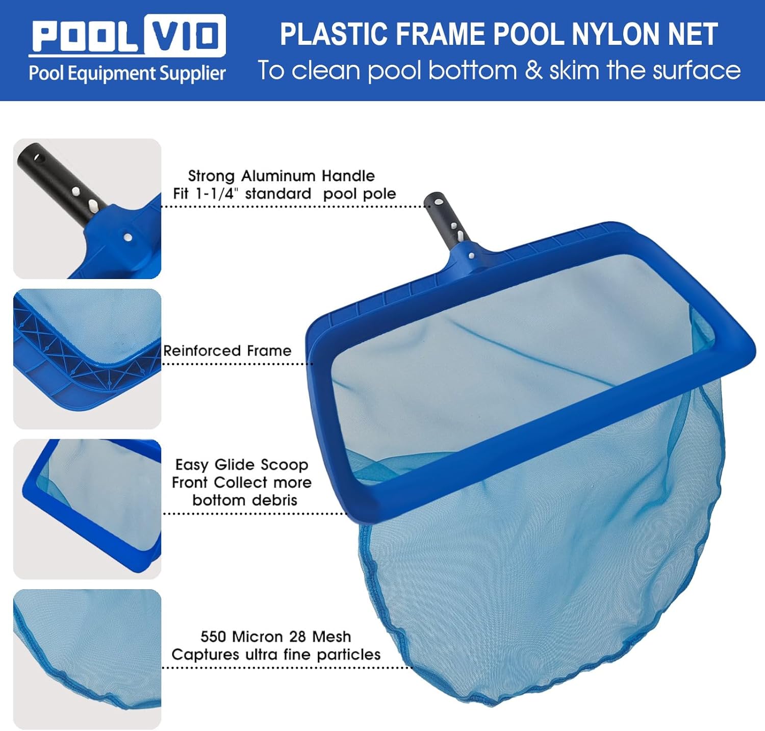 Poolvio Professional Pool Net, Upgraded Self-Repair Heavy Duty Nylon Mesh, Pool Skimmer Net with Extra Wide Scoop Edge, Pool Nets for Cleaning Leaves, Debris(No Pole) - Image 3