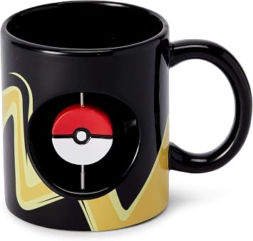 Official Pokemon Mug - 16.9-Ounce Black Ceramic Cup for Hot Coffee, Tea, Cocoa - Novelty Drinkware w/ Pokeball Spinner - Features Pikachu - Perfect for Home, Office, Parties - Licensed Merchandise