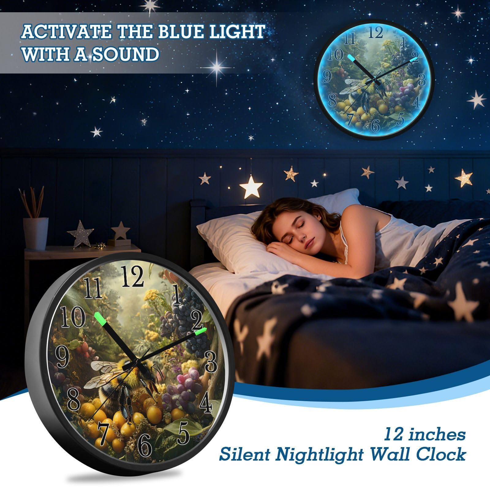 Mnsruu Reloj de pared luminoso con diseño de panal de abeja y uva, funciona con pilas, silencioso, brilla en la oscuridad, para sala de estar, cocina, 30,5 cm