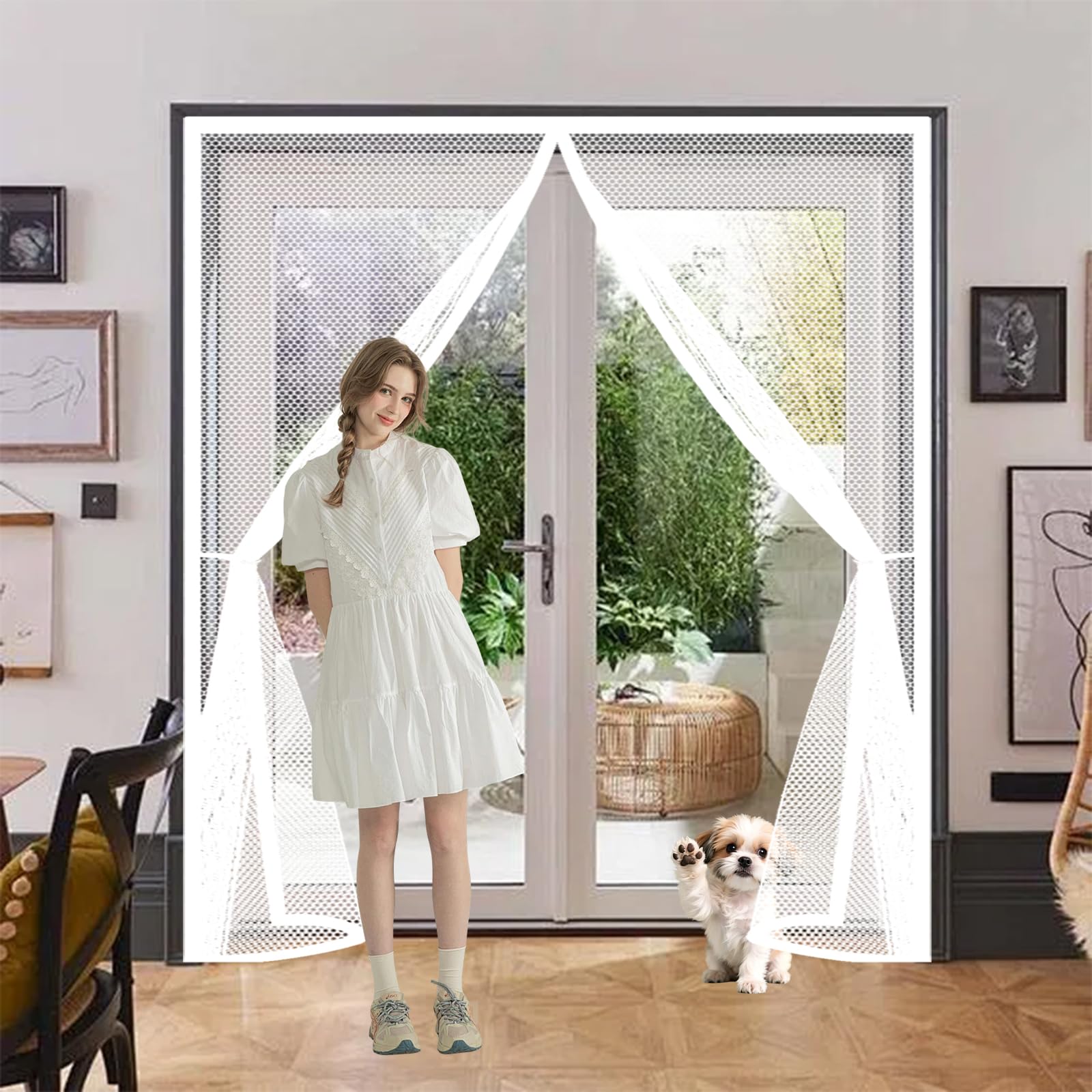 Magnetic Fly Screen 155 x 280 cm Keep Bugs Out, Full Frame Magic Tape, Powerful Magnets, Self Sealing, No Drill Installation, Screen Door Fly for Balcony Bedroom Doors, White