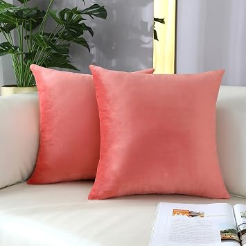 mixeoo Comfy Salmon Pink Throw Pillow Covers Decorative Square Solid Velvet Super Soft Cushion Cases Home Decor for Sofa Couch Living Room, Set of 2, 20 x 20 Inch