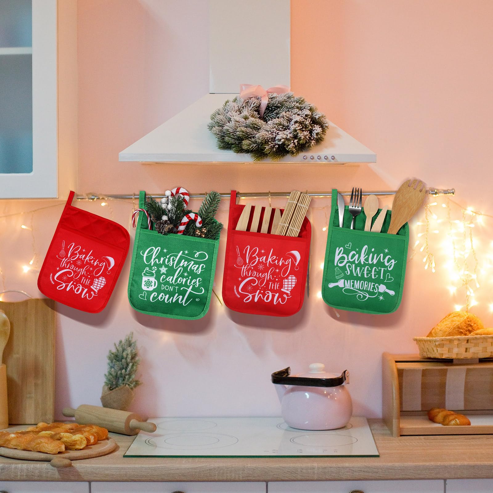 10 Pcs Christmas Pot Holders with Pocket Pot Holder Potholder Gift Hot Pads Heat Resistant Oven Mitts Cookie Bag for Kitchen Baking Cooking