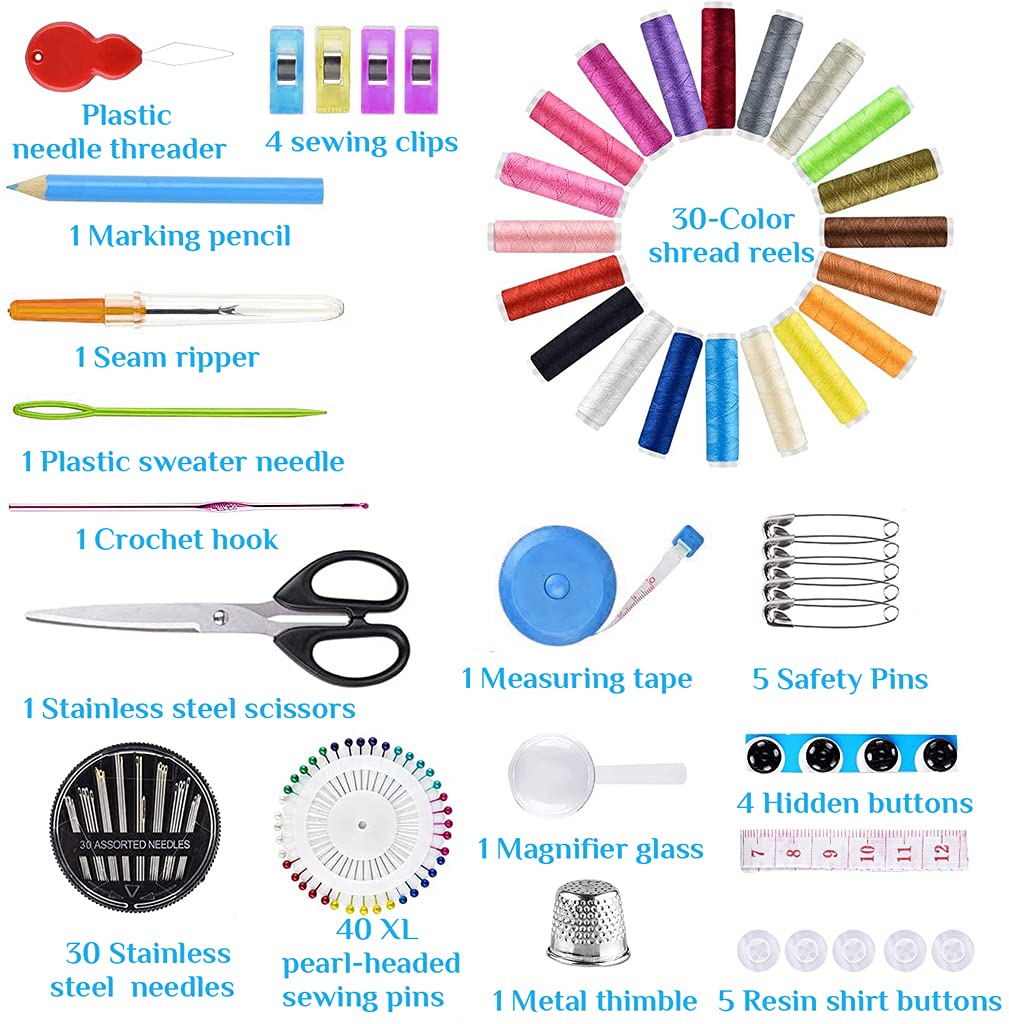 Kit de costura de 126 piezas, kit de aguja e hilo, 30 bobinas grandes de hilo de algodón, funda de poliuretano para mujer, adecuado para viajes en casa y uso de emergencia