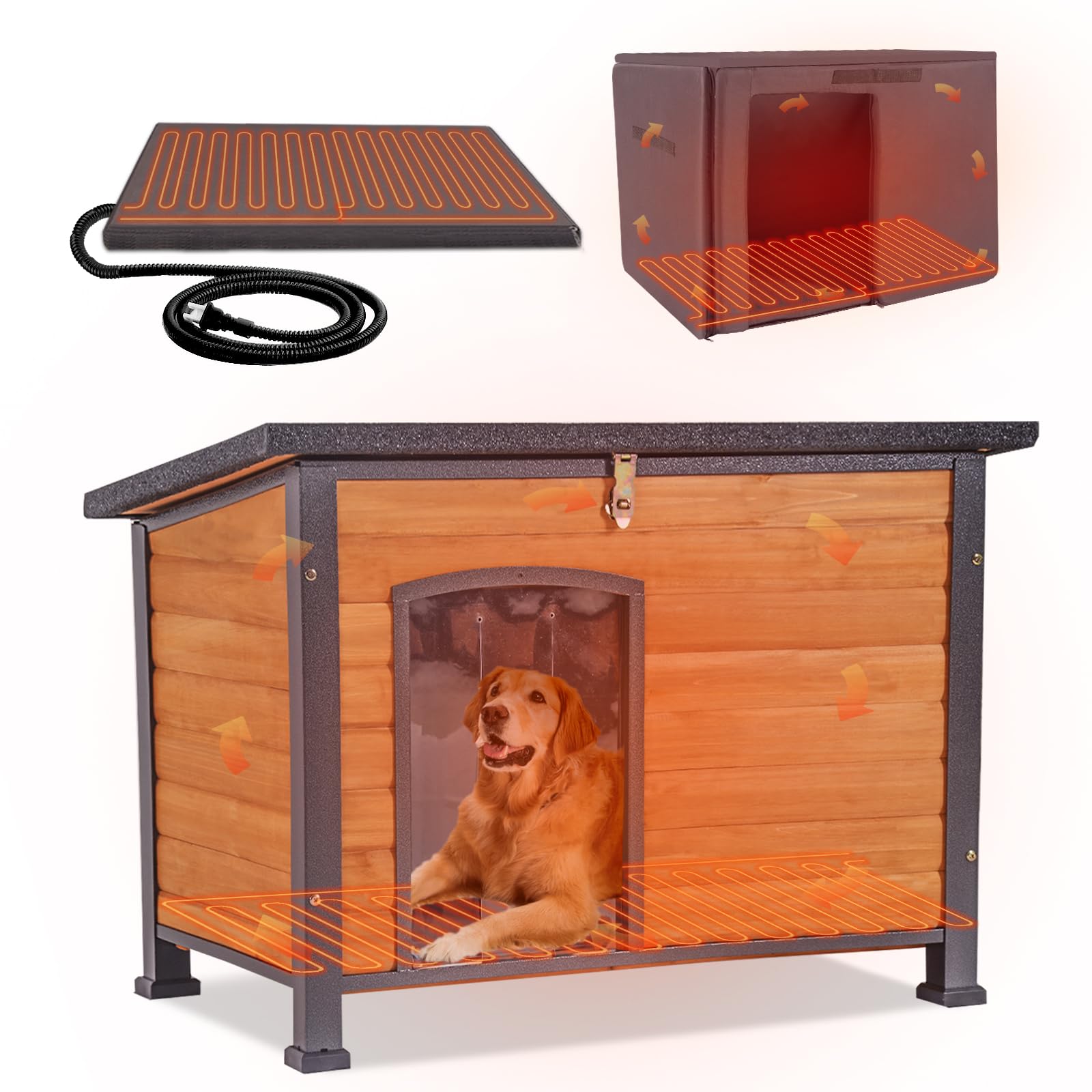 GUTINNEEN Extra Large Heated Dog House Outdoor Insulated Dog House Weatherproof Dog Kennel with Thermostat-Controlled Heating Pad, 6-Sided Thermal Liner, Chew-Proof Metal Frame for Large Dog Breeds,XL
