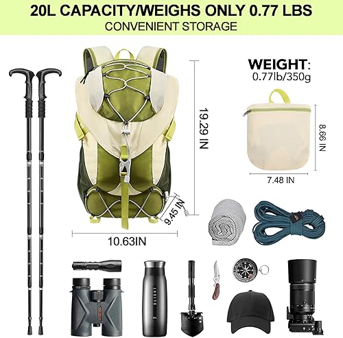 Miniatura 5 de Seektop Mochila de senderismo ultraligera y plegable de 20 litros, resistente al agua, plegable, para hombres y mujeres, compacta para senderismo,