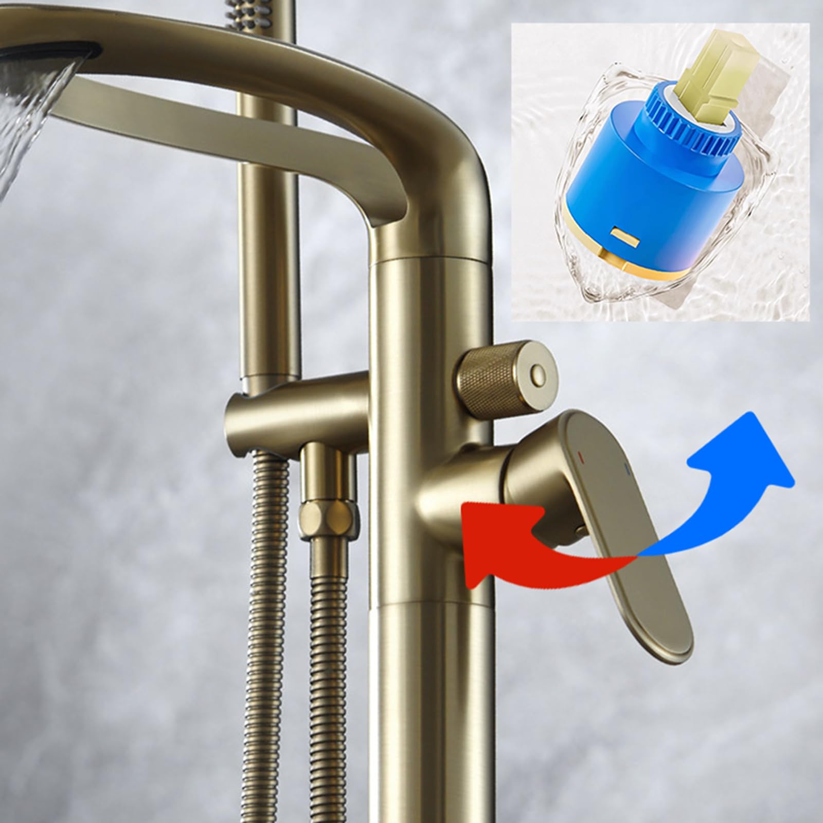 Grifo Mezclador de Bañera Y Ducha Grifo de Bañera Independiente Cromado con Cascada de Agua Fría Y Caliente Giratoria 360° Grifo de Bañera Independiente de Latón con Un Solo Mando