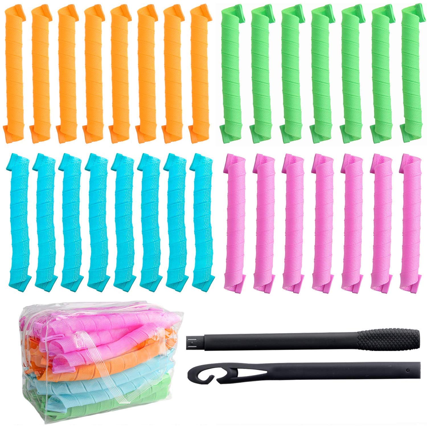 30 Pcs Hair Curlers Spiral Curls Heatless Hair Curlers No Heat Spiral Curlers Styling Kit with 2 Sets of Styling Hooks for Most Kinds of Hairstyles(Assorted Color,19.7in)