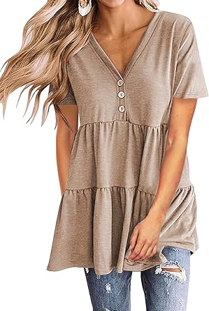OMZIN Ladies Party Vintage T-Shirt Summer Casual Basic Wild Blouses Summer Solid Color Swing Shirt
