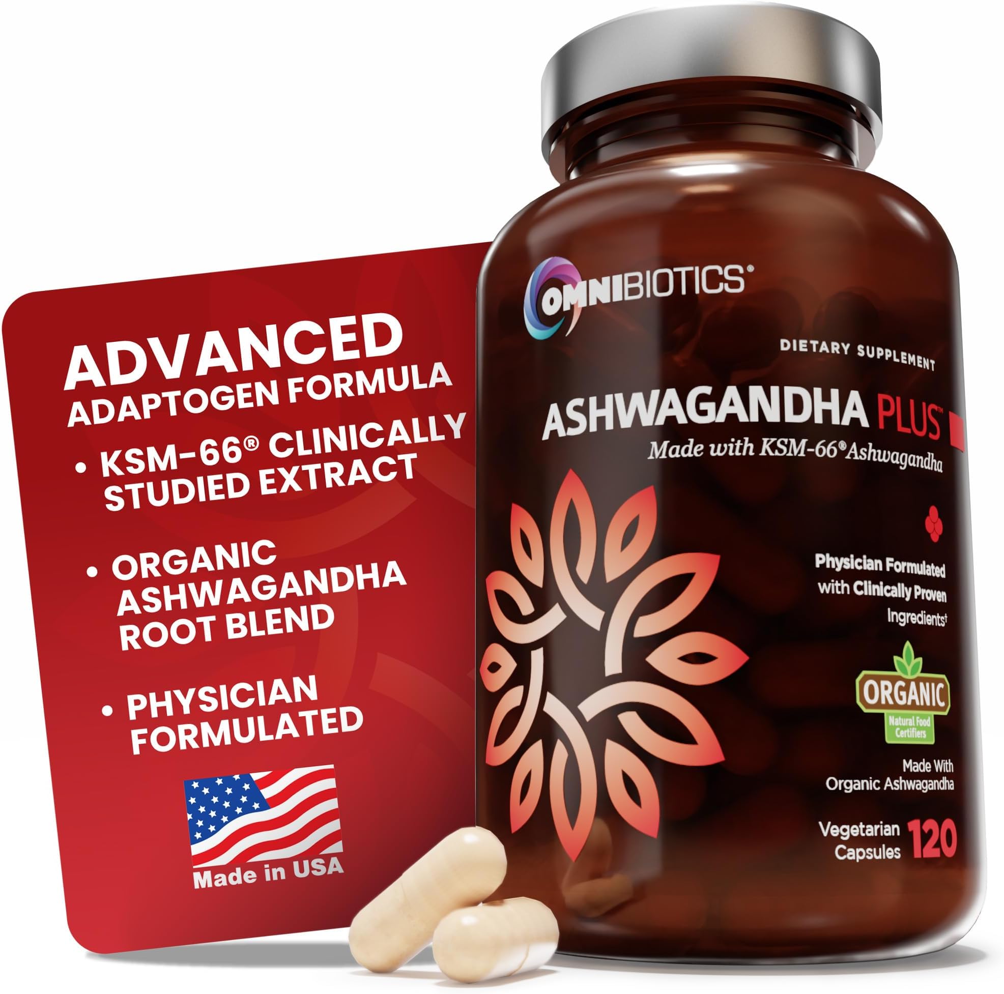 - OmniBiotics Organic Ashwagandha Supplement – 1300mg Total Strength – 900mg Organic Root Powder & 400mg KSM-66 Extract – Stress Relief, Mood & Sleep Support – Non-GMO – 120 Vegan Capsules