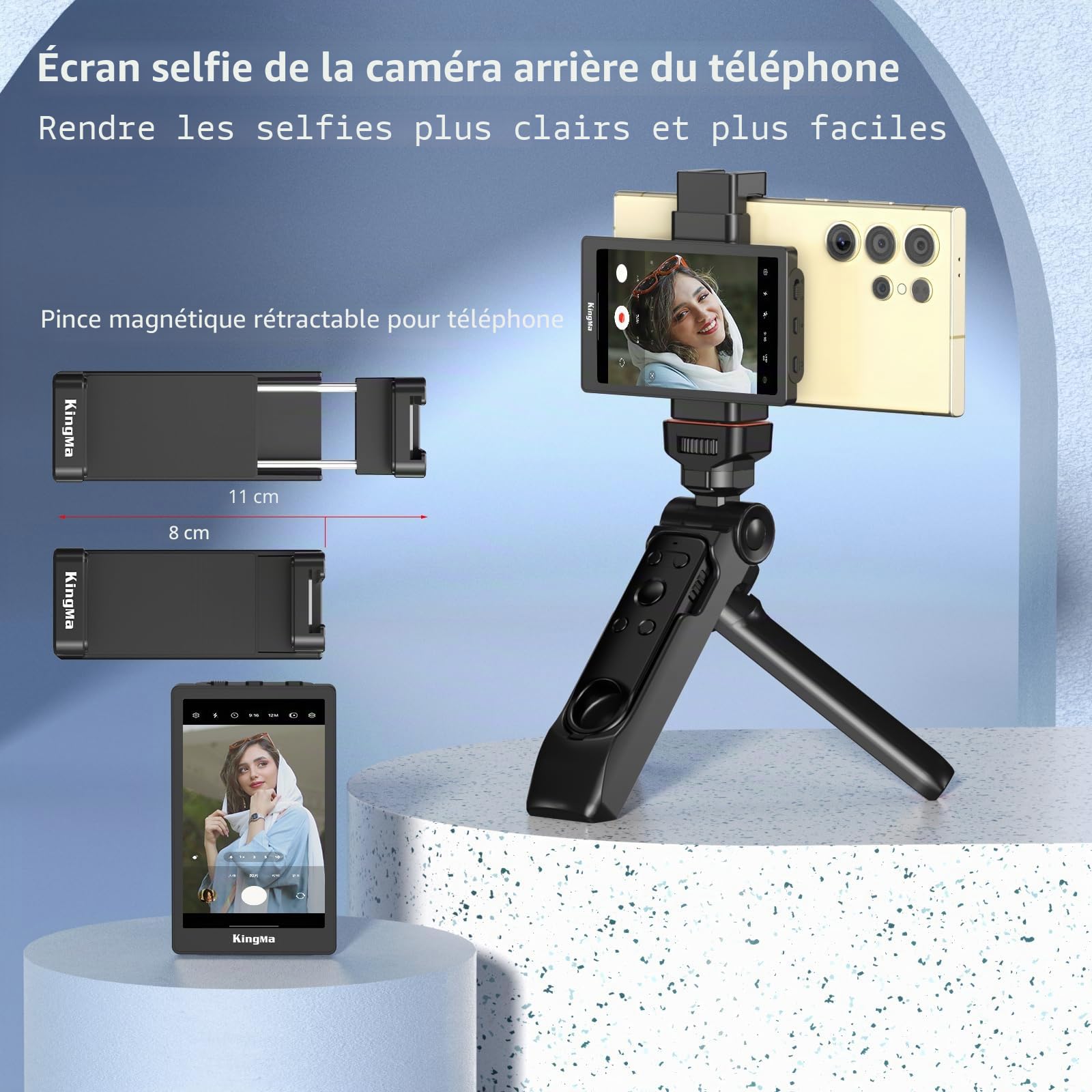 King Ma Écran de moniteur de selfie Vlog pour appareil photo arrière Samsung avec clip magnétique et télécommande Bluetooth, supportant l'enregistrement UHD 60 fps