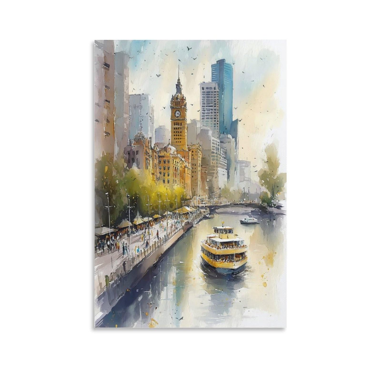 XWYMXZ Boston Skyline Watercolor Painting Travel Poster 24x36inch(60x90cm) Vintage Watercolor Canvas Art