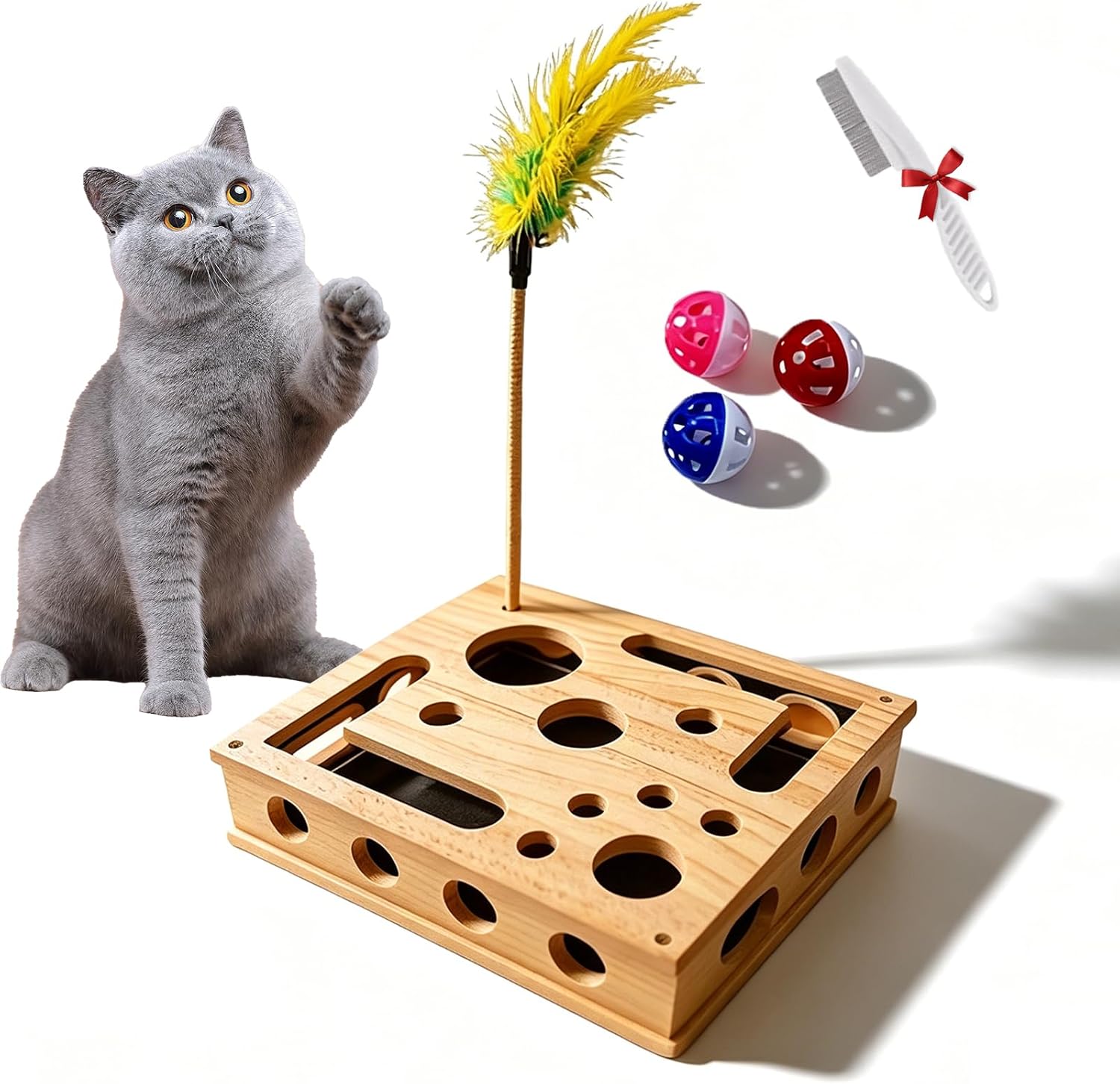 Cat Claw Saver Box – Interactive Cat Scratch Puzzle Enrichment Box with Treat Maze, Cats Nail File Scratcher for Indoor Cats, Wooden Claw Saver Box for Furniture Protection with Bell Ball (Upgraded)