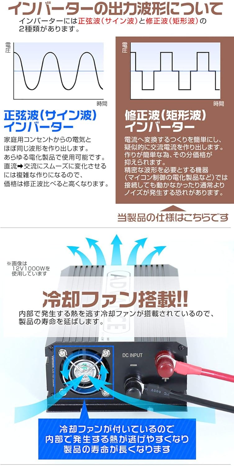 Amazon 修正波インバーター Dc12v Ac100v 定格1000w 最大00w 疑似正弦波 矩形波 50 60hz切替 車 バイク 車 バイク