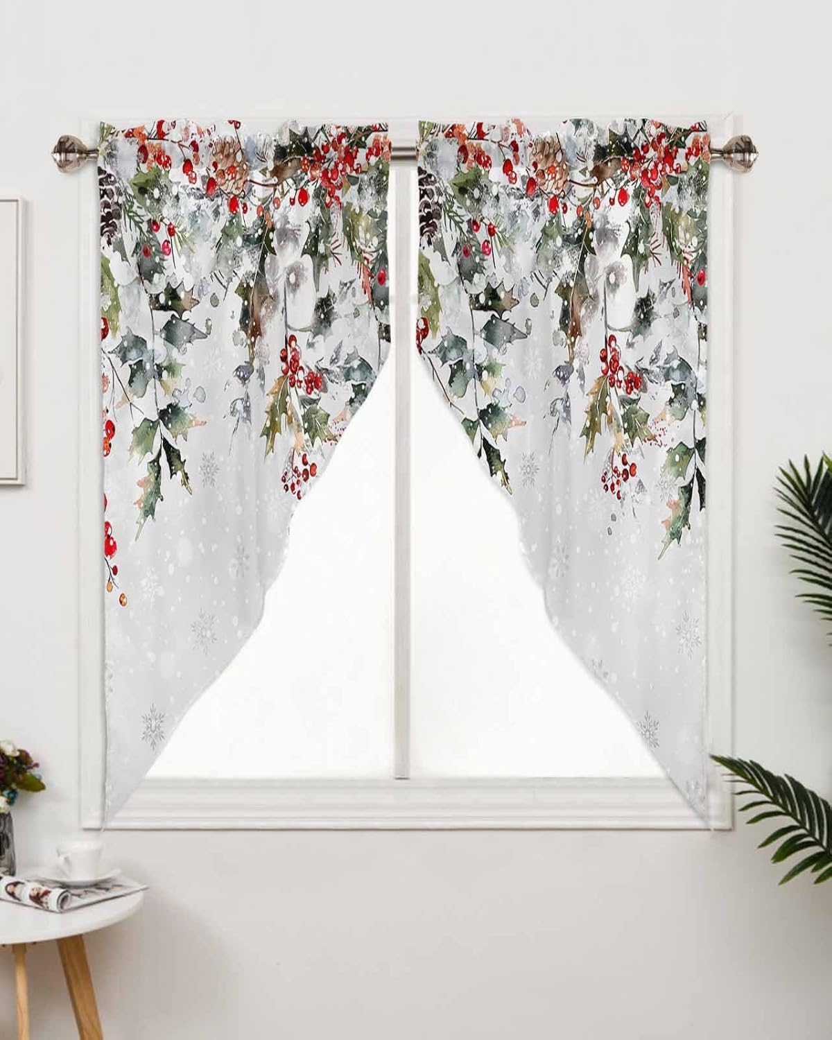 Christmas Red Berries Swag Valance Curtains for Kitchen 28"W x 36"L Green Holly Leaves Short Swag Topper for Small Windows Winter Snowflake Rod Pocket Curtains for Bedroom Bathroom Living Room