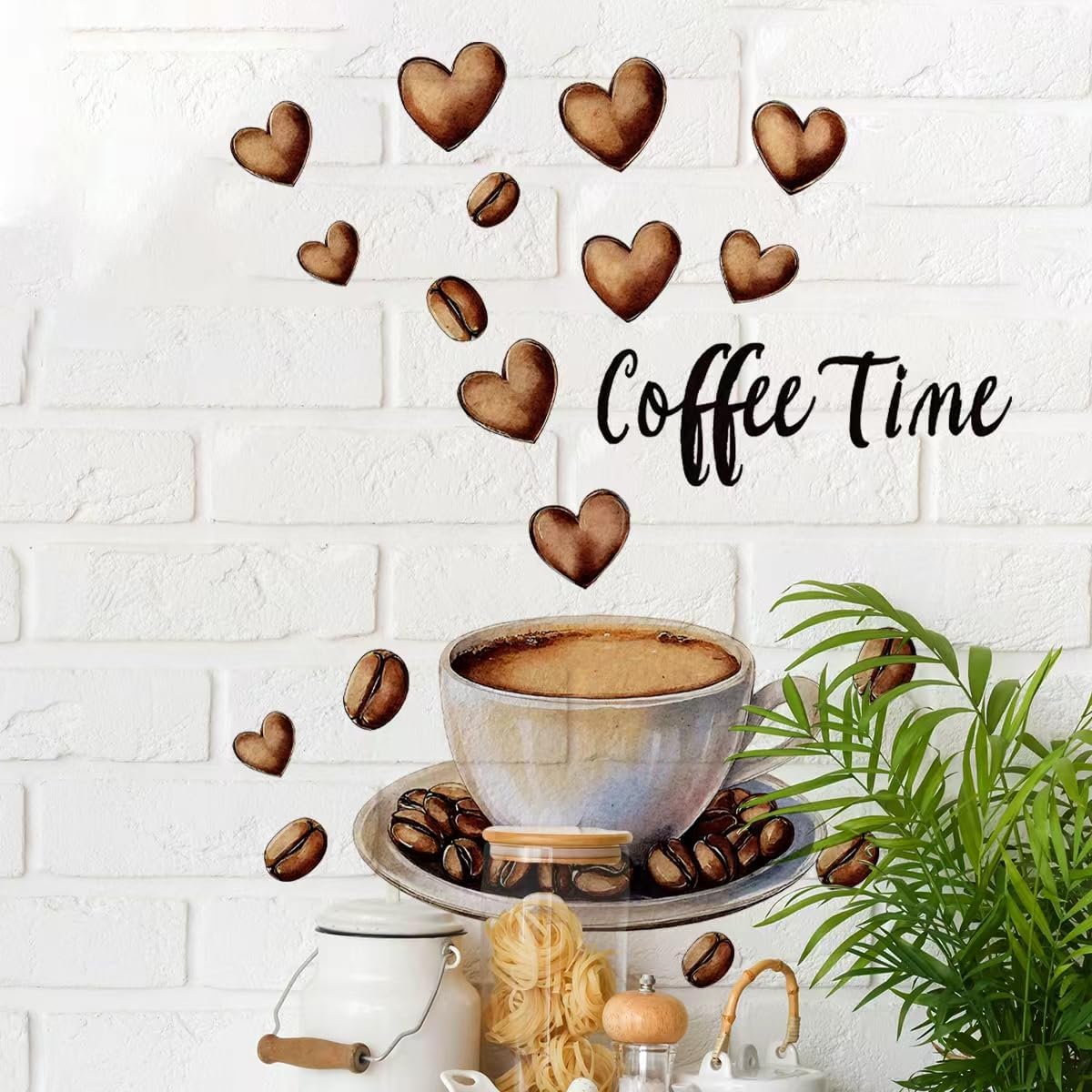 Coffee Time Wall Stickers | Coffee Beans Tea Cup Peel and Stick Home Kitchen Bar Wall Decor,Removable Stickers for Home Cafe Shop Station Bar Pub Office