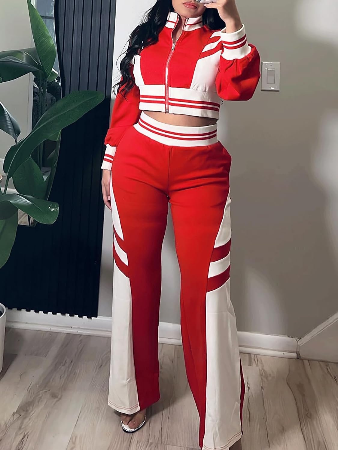 KANSOON Track Suits for Women Set Two Piece Color Block Zip up Crop Jacket Wide Leg Sweatpants Outfit