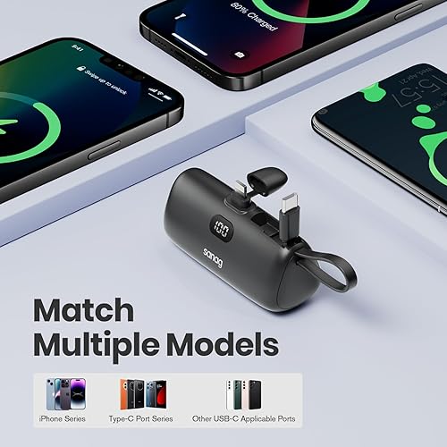 Miniatura 3 de Sanag Cargador portátil PD de carga rápida, mini cargador de 5000 mAh con soporte de cable integrado y pantalla LED, Powerbank compatible con