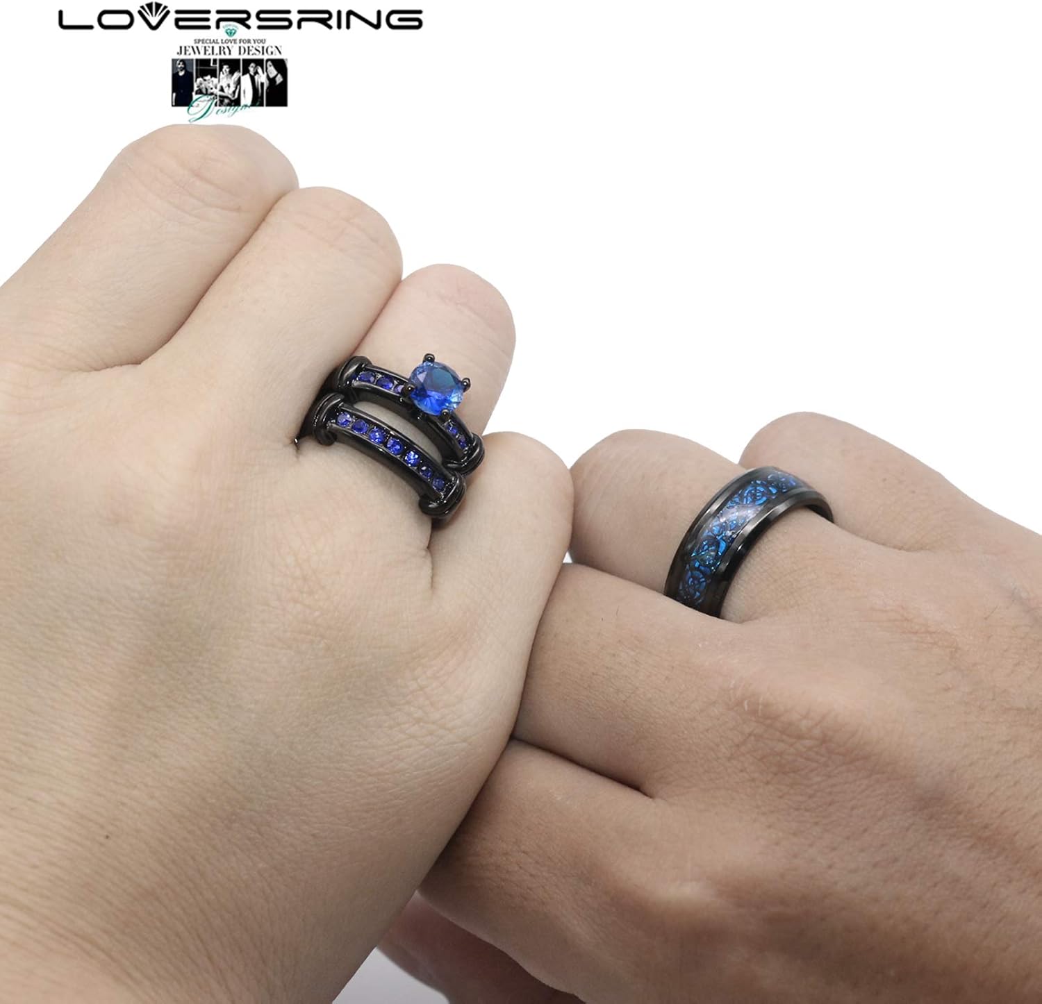 Couple Ring Bridal Set His Hers Black Gold Plated Blue CZ Stainless Steel Wedding Ring Band