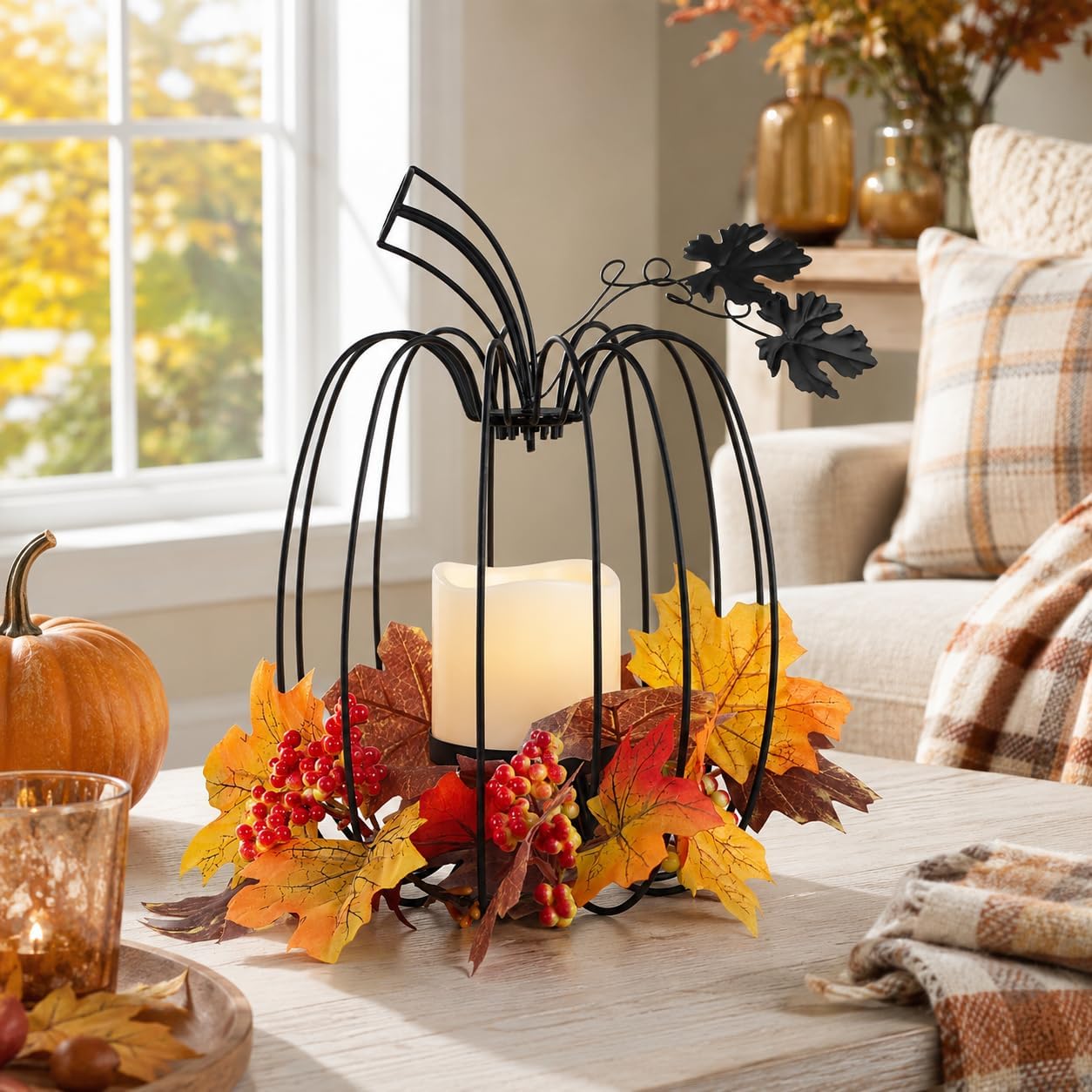 NEEDOMO Fall Decorations for Home,Pumpkin Lanterns Decorative Indoor & Outdoor Black Wrought Iron Pumpkin Shape Tealight Candle Holder for Vintage Wedding Thanksgiving Halloween Decor