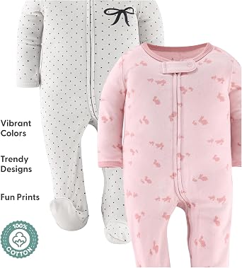 The Peanutshell Baby Sleepers for Girls Set of 3 - Soft Cotton Footed Pajamas for Newborns & Infants - Pink Balletcore
