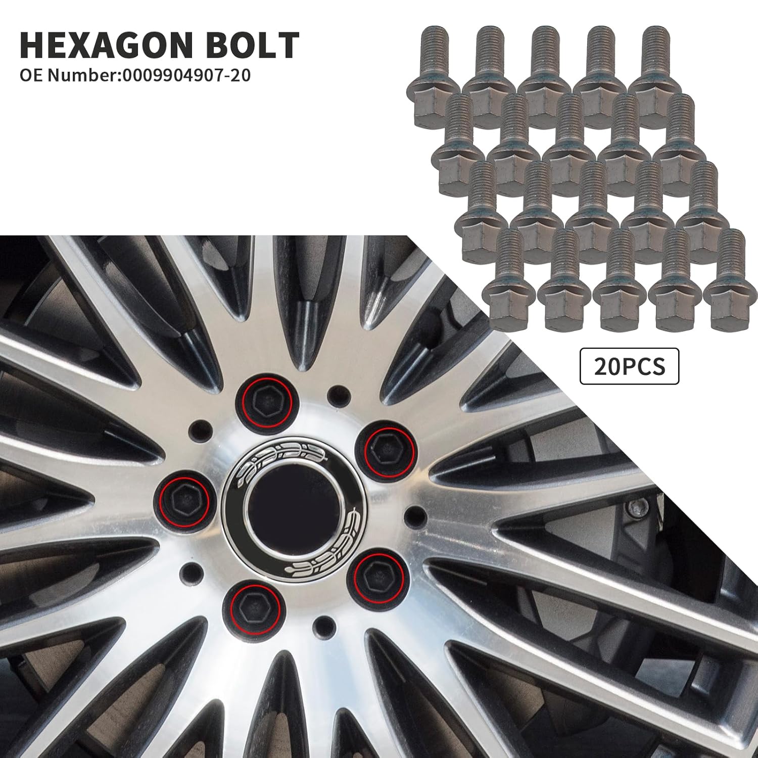 20PCS M14X1.5MM Wheel Lug Bolts Nuts for Mercedes Benz 2003-2018 A B C E Class CLA CLS CLK GLA GLK Replacement : 0009904907,0009906707 M14X1.5MM 26/49MM