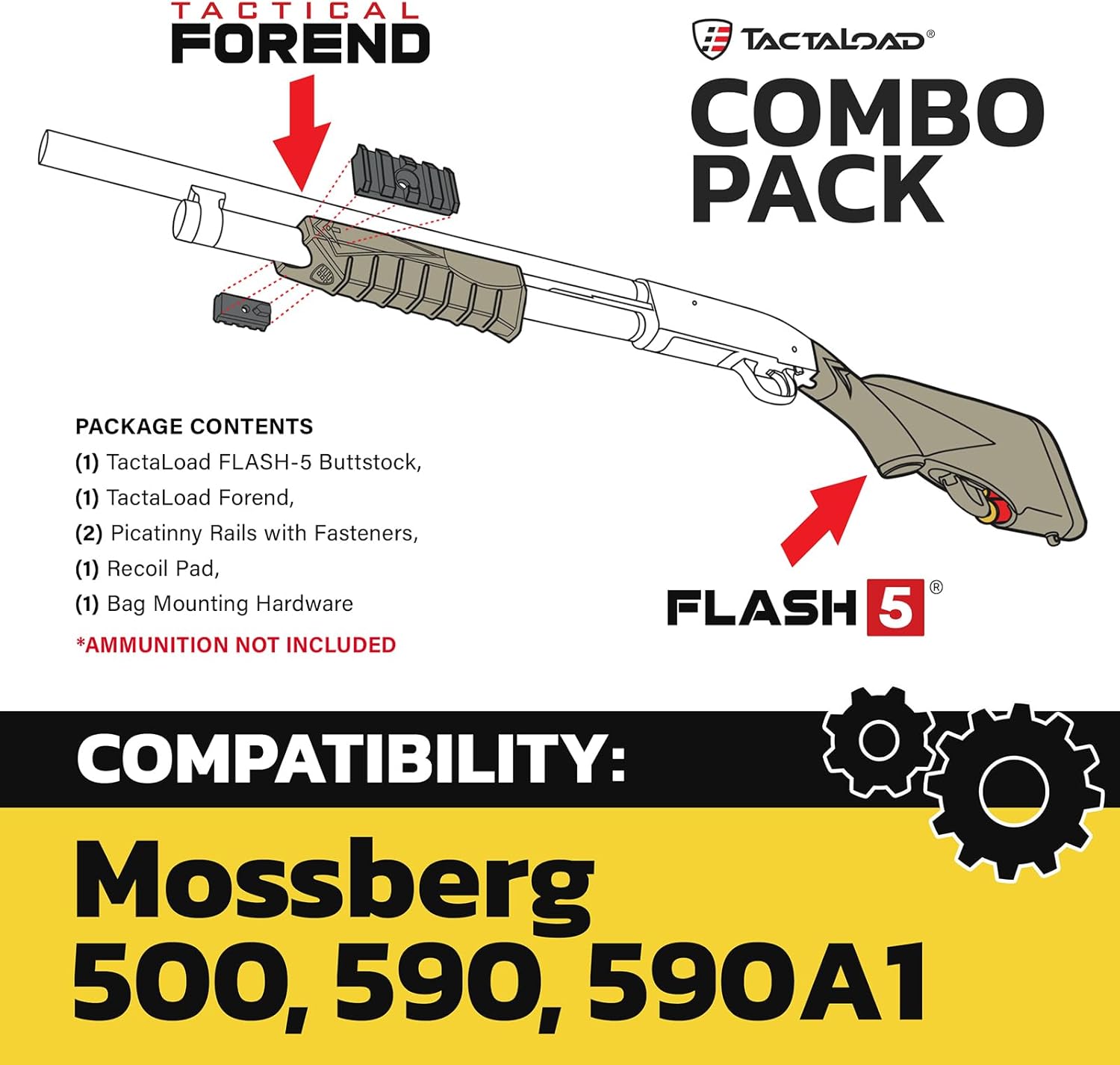 TactaLoad Flash-5 Buttstock and Forend for 12 Gauge Pump-Action Shotguns - Combo Pack - Flat Dark Earth (fits Mossberg 500, 590, 590A1)