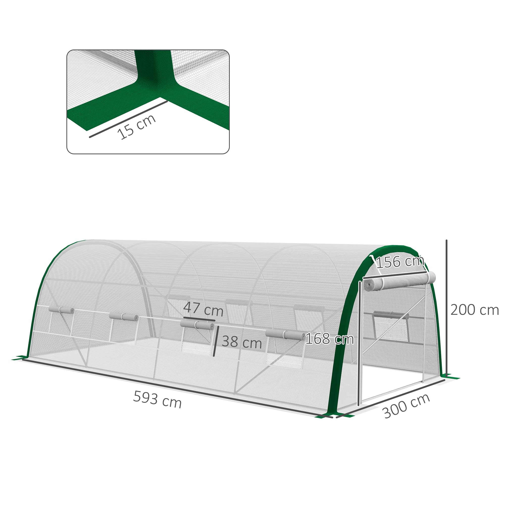 Outsunny - Invernadero de jardín (18 m²), diseño de túnel 6 x 3 x 2 m – 8 ventanas, puerta con cremallera enrollable – Estructura tubular de acero galvanizado, lona de PE de alta densidad, color