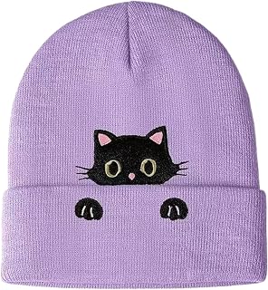 GWAWG Women Cat Hat Cute Knitted Hat, Cat Lover Gifts for Women Girls, Warm Winter Beanie Hat, Black White Pink Purple Animal Knit Hat, Fashion Women Hats Halloween