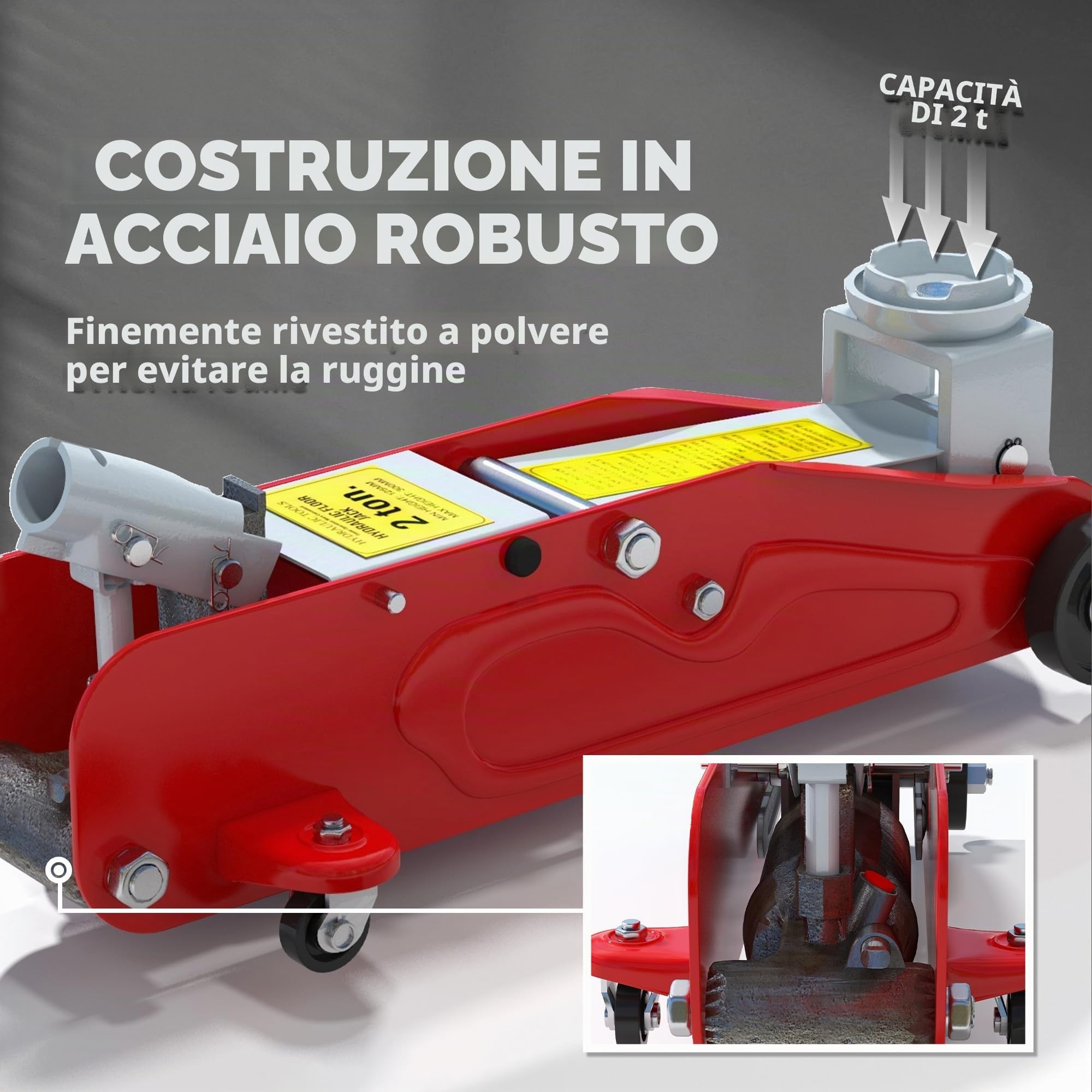 HOMCOM Martinetto idraulico a basso profilo in robusto acciaio, Carico massimo 2000 kg, Capacità di sollevamento da 12 a 30 cm, rosso