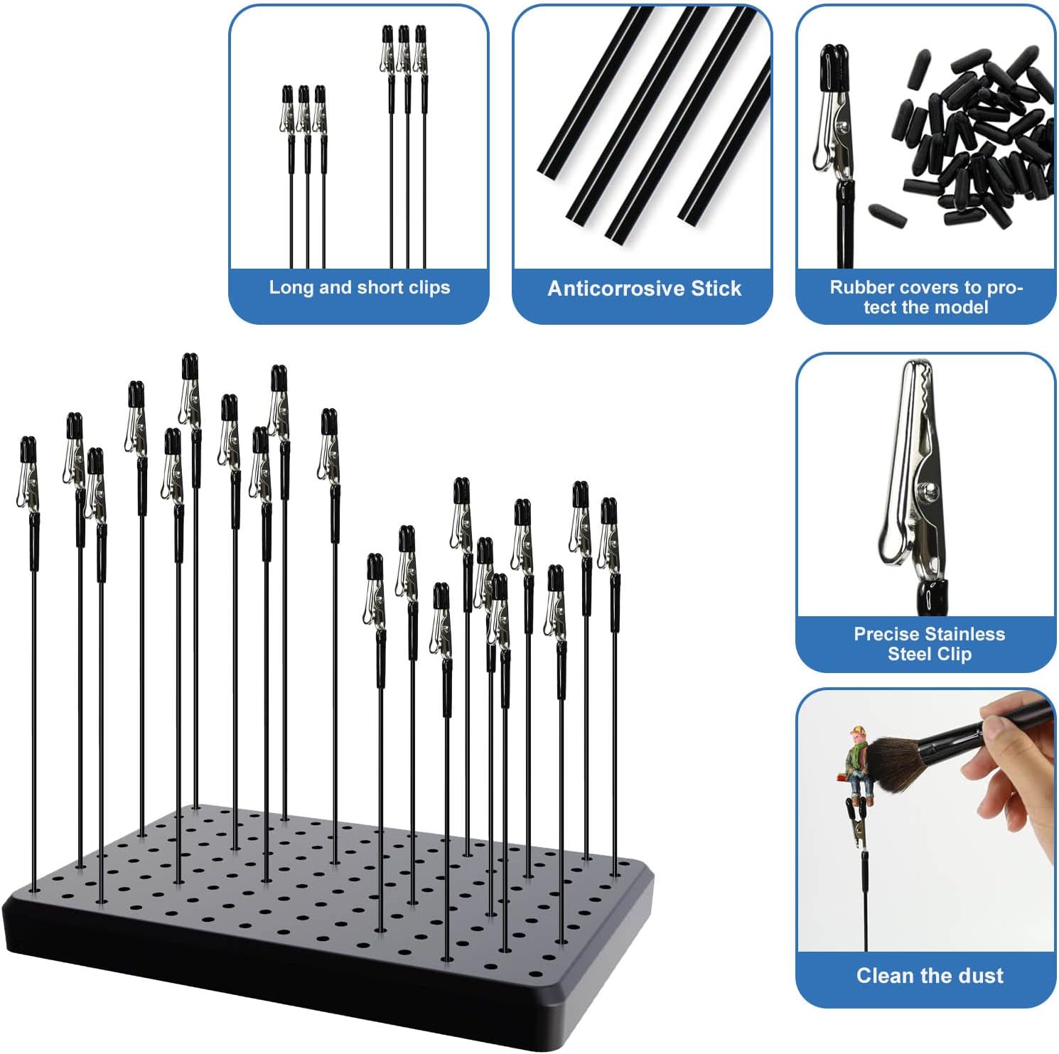1PC Painting Stand Base and 1PC Cleaning Brush 10PCS 7.3inch Alligator Clip Stick and 10PCS 5.9inch Alligator Clip Stick Set Modeling Tools for Airbrush Hobby Model Parts