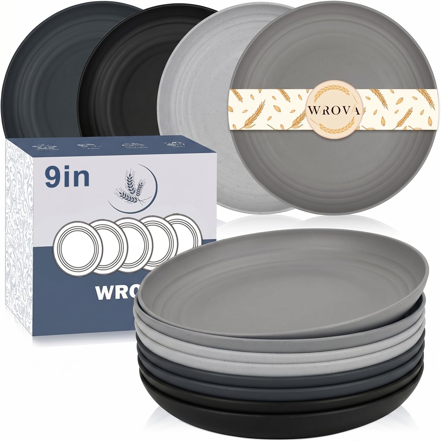 Wrova Reusable Plastic Plates | Set of 8 | Unbreakable Plates Set 9 Inch Dinner Plate - Dishwasher & Microwave Safe Plate Set - Lightweight Dinner Plate for Indoor & Outdoor - Greystone
