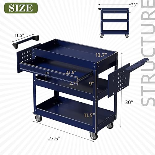 Miniatura 7 de Carrito de herramientas rodante de 3 niveles, carrito utilitario de capacidad de 330 libras con ruedas, carrito de herramientas de servicio de metal