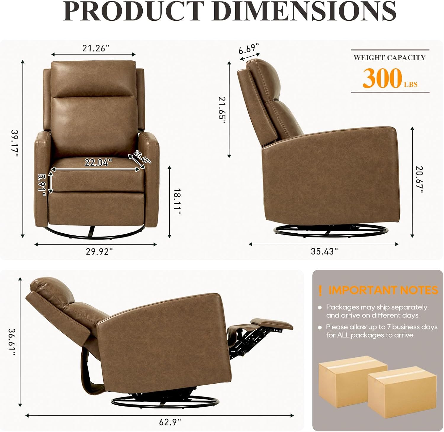 COLAMY Leather Recliner Chair for Adults, Swivel Rocker Recliner for Small Spaces, Wide Glider Rocking Nursery Chair with Ergonomic High Backrest, for Home Living Room, Office, Bedroom（ Brown）