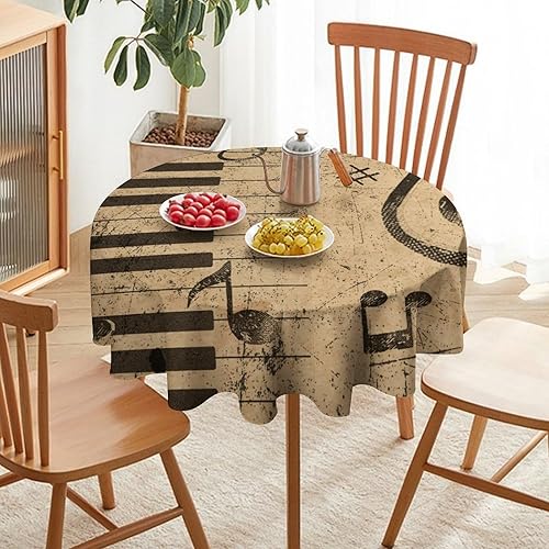 Miniatura 6 de Mantel redondo de cocina con notas musicales retro, estilo rústico y occidental, con estampado de teclas de piano y teclas, mantel redondo