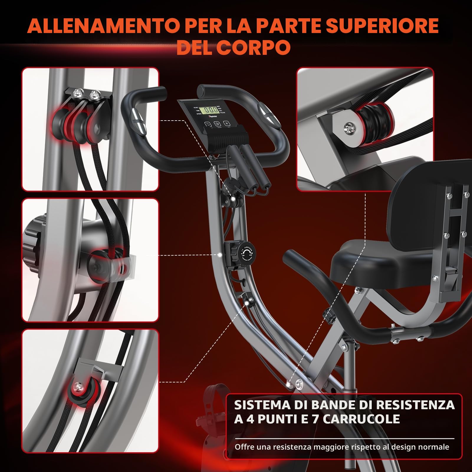 PASYOU Cyclette Pieghevole 3 in 1, Bicicletta magneticaper la Casa, Spinning Bike con monitor LCD e sensore di frequenza cardiaca, Cyclette a 10 livelli di resistenza magnetica,Salvaspazio