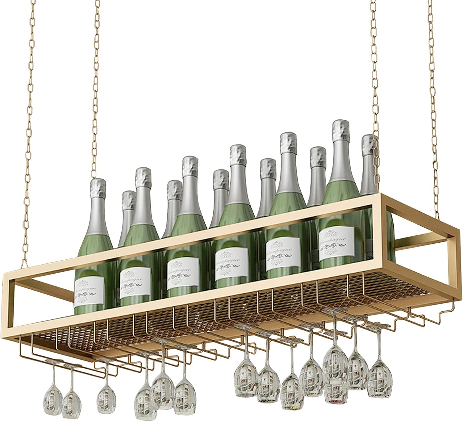 Gold Hanging from Ceiling Metal Iron Chain Mounted Holder for Bottles and Glasses Stylish Decoration for Bars Restaurants and Kitchens Stemware nizer 100x25x20cm (Gold)