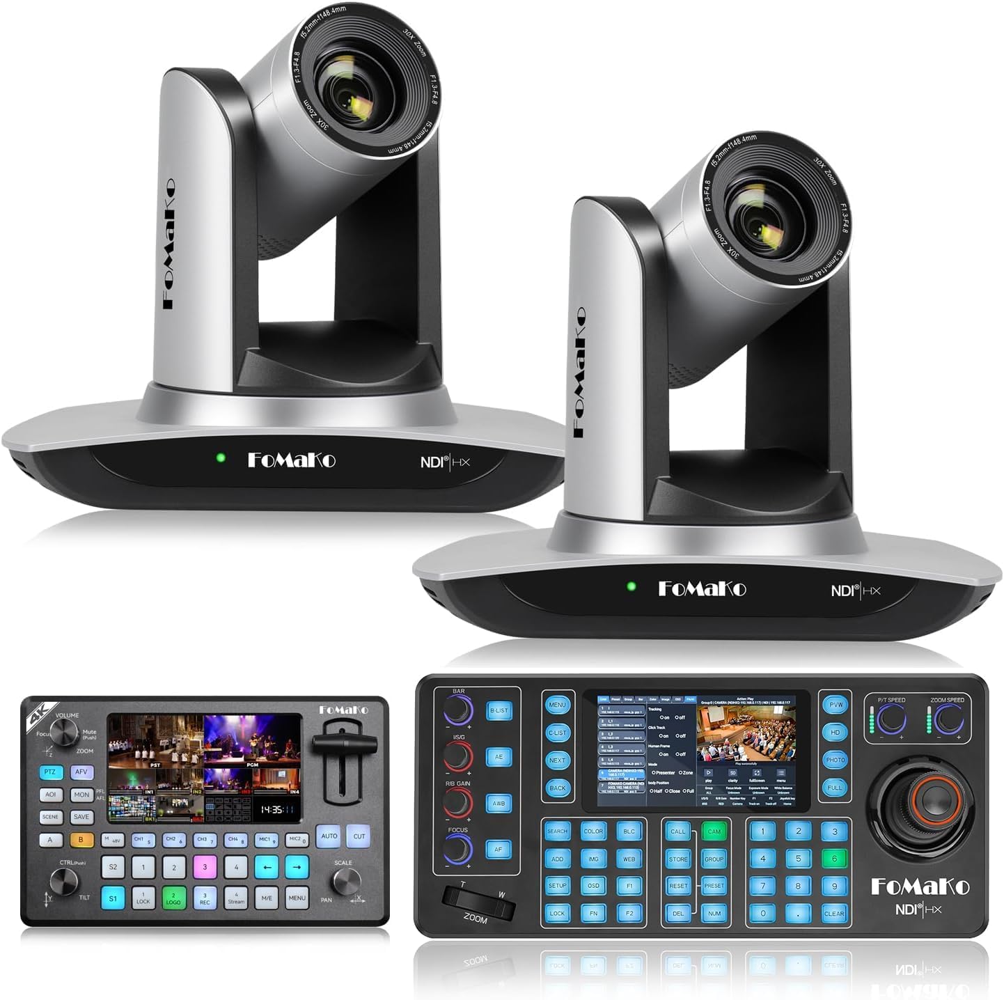 FoMaKo NDI 20x Optical Zoom Camera, AI Auto Tracking HDMI PTZ Camera(2pcs),KC602 Video Switcher,KC608 PTZ Controller, for Church Services Worship Education(FMK20UHX2+KC602+KC608N)
