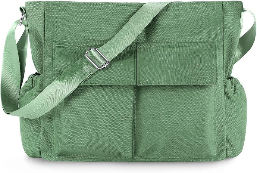 Canvas Messenger Bag, Crossbody Shoulder Bag, Large Hobo Tote with Multiple Pockets, Grass Green
