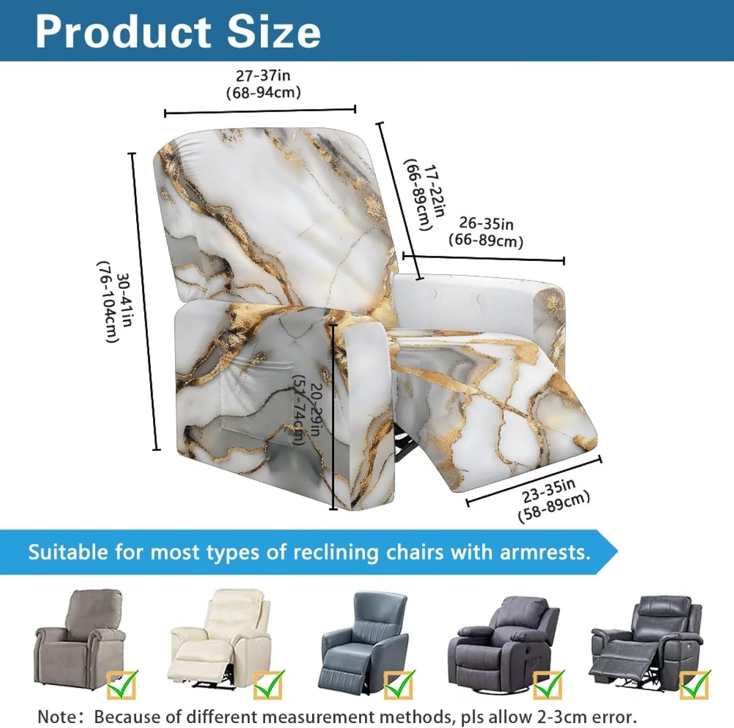 FOR U DESIGNS White Gold Marble Elastic Loops Stretch Recliner Slipcover Living Room Protective Covers for Reclining Chairs Universal Fit Prevents Scratches Home Decor