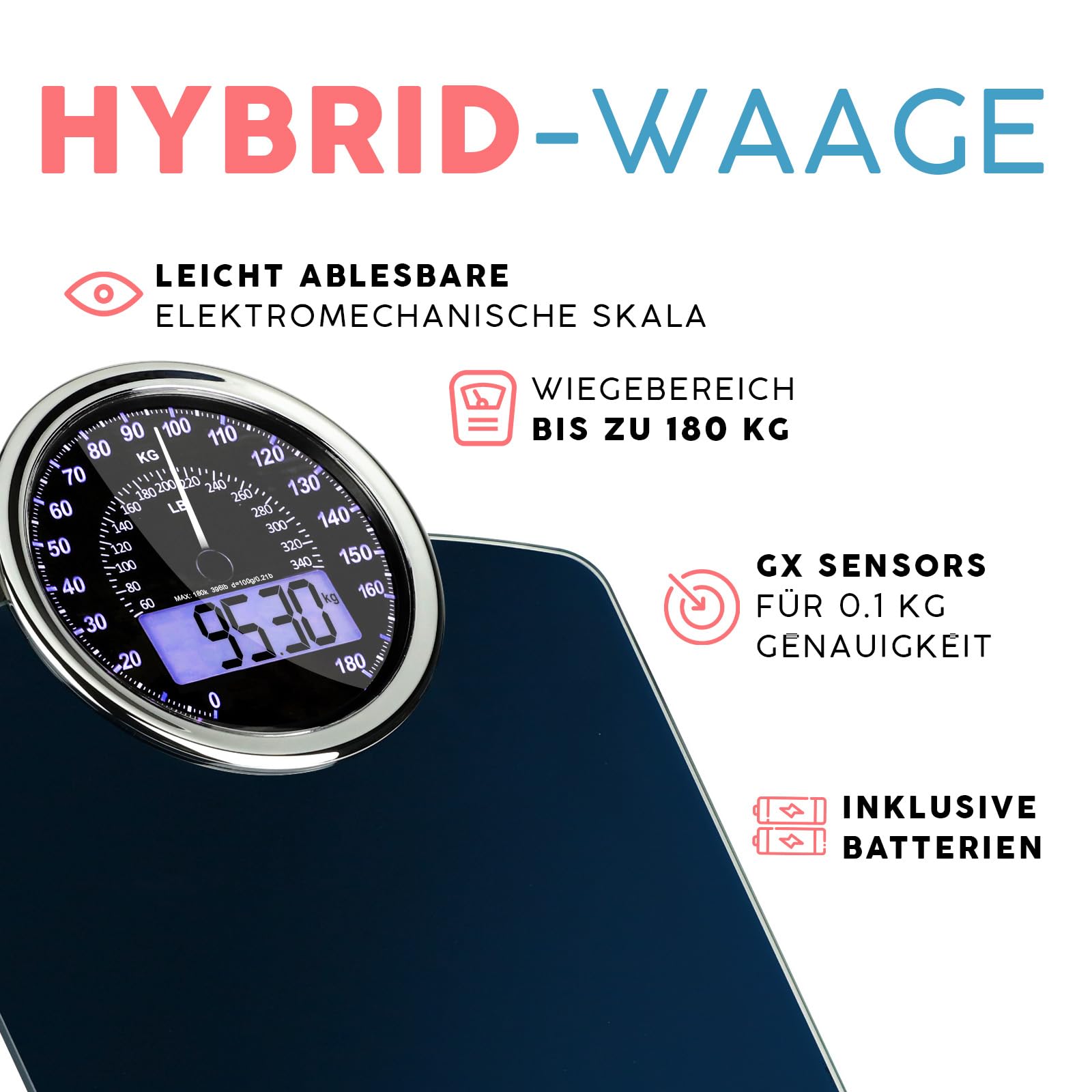 Hybrid Personenwaage - Analog & Digital, Präzise bis 180 kg | Gewicht auf Analogzifferblatt und LCD ablesen. Breite Glasplattform, 3 AAA Batterien inklusive, sofort einsatzbereit.