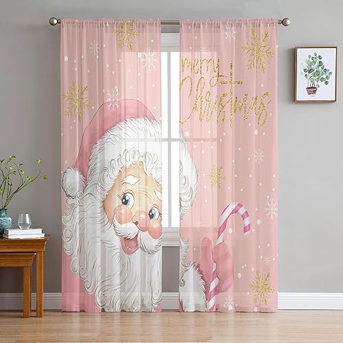 Cortinas traslúcidas de 84 pulgadas de largo, juego de 2 paneles de cortinas de cocina de Papá Noel rosa, cortinas de gasa transparente para ventana