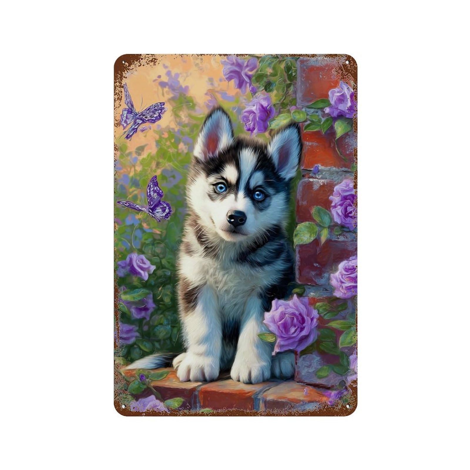 Painted Husky with Flowers -1 Vintage Wall Sign 11.8"x7.9", Rust Effect Metal Decor for Garage, Bar And Workshop Decor