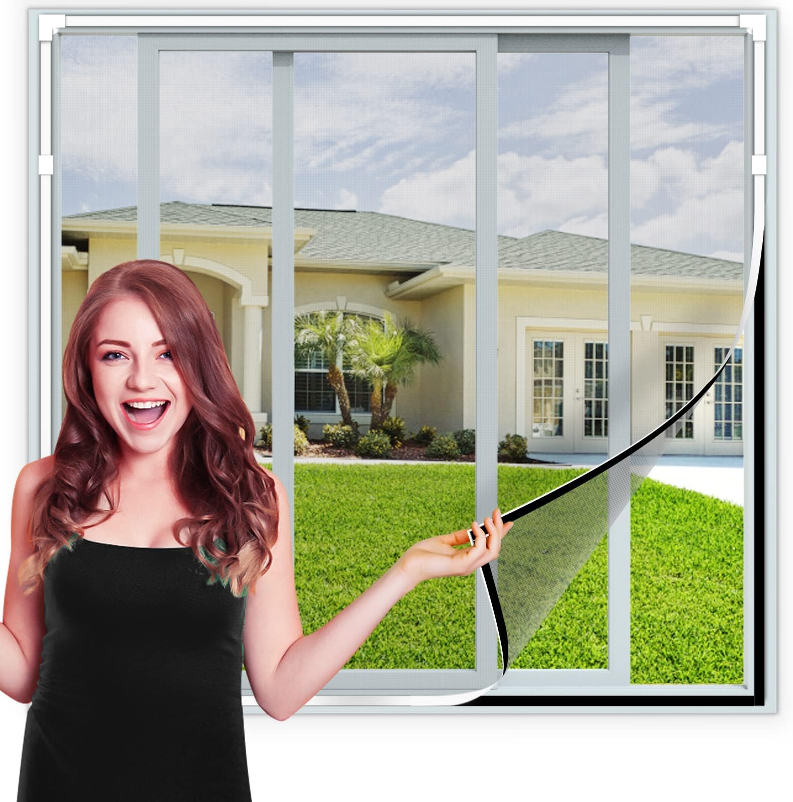 Magnetic Fly Screen Window Adjustable DIY Max 120x110cm Fiberglass Screen Mesh Fits Any Size Smaller with White Window Frames and Grey Mesh